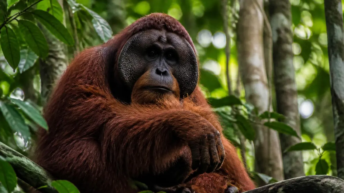 Foto close-up Orangutan Kalimantan (Pongo pygmaeus) dengan bulu oranye kemerahan di kanopi hutan hujan tropis Kalimantan — spesies endemik Indonesia yang dilindungi.