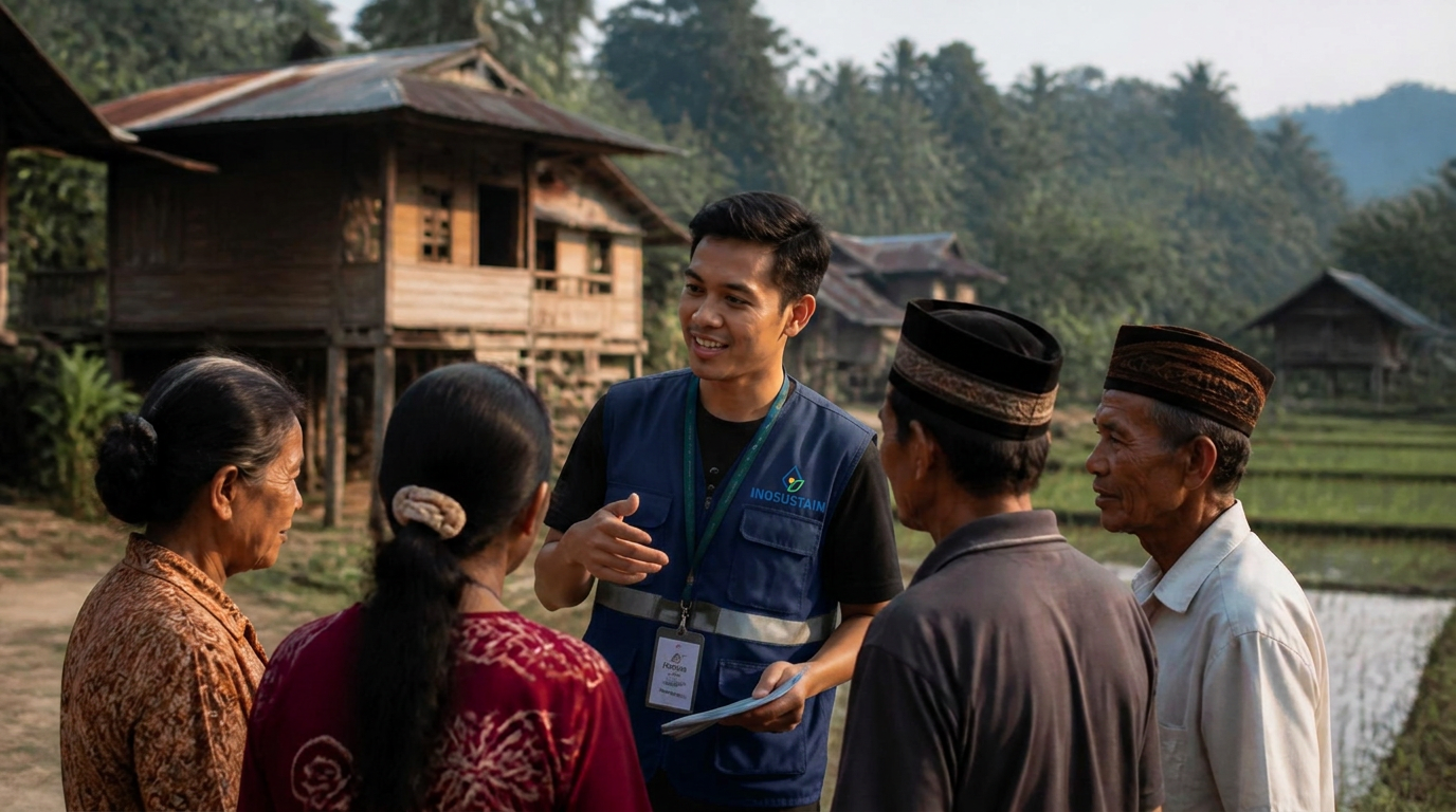Fasilitator lapangan Inosustain berdialog dengan warga desa di area rumah tradisional dan sawah