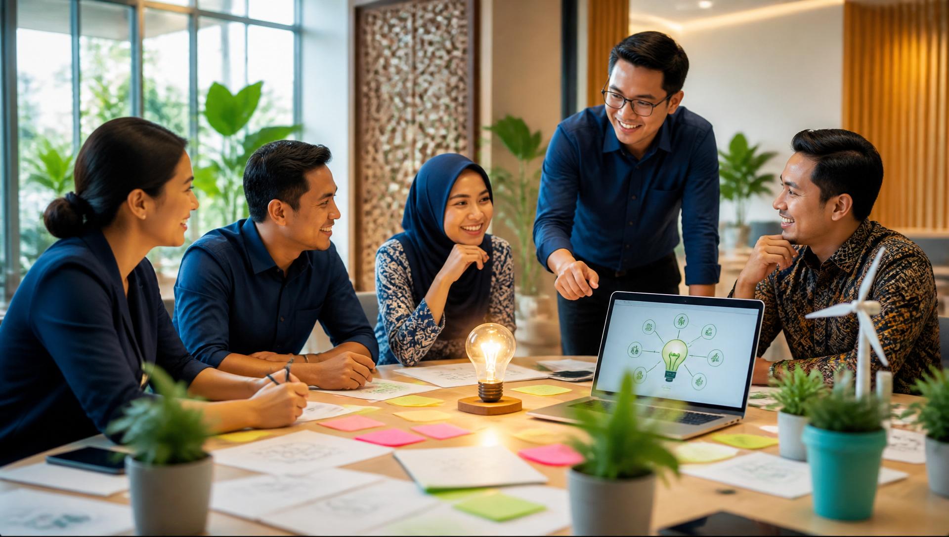 Ilustrasi training Inovasi Sosial Inosustain: tim korporasi merancang program sosial kreatif dan berkelanjutan.